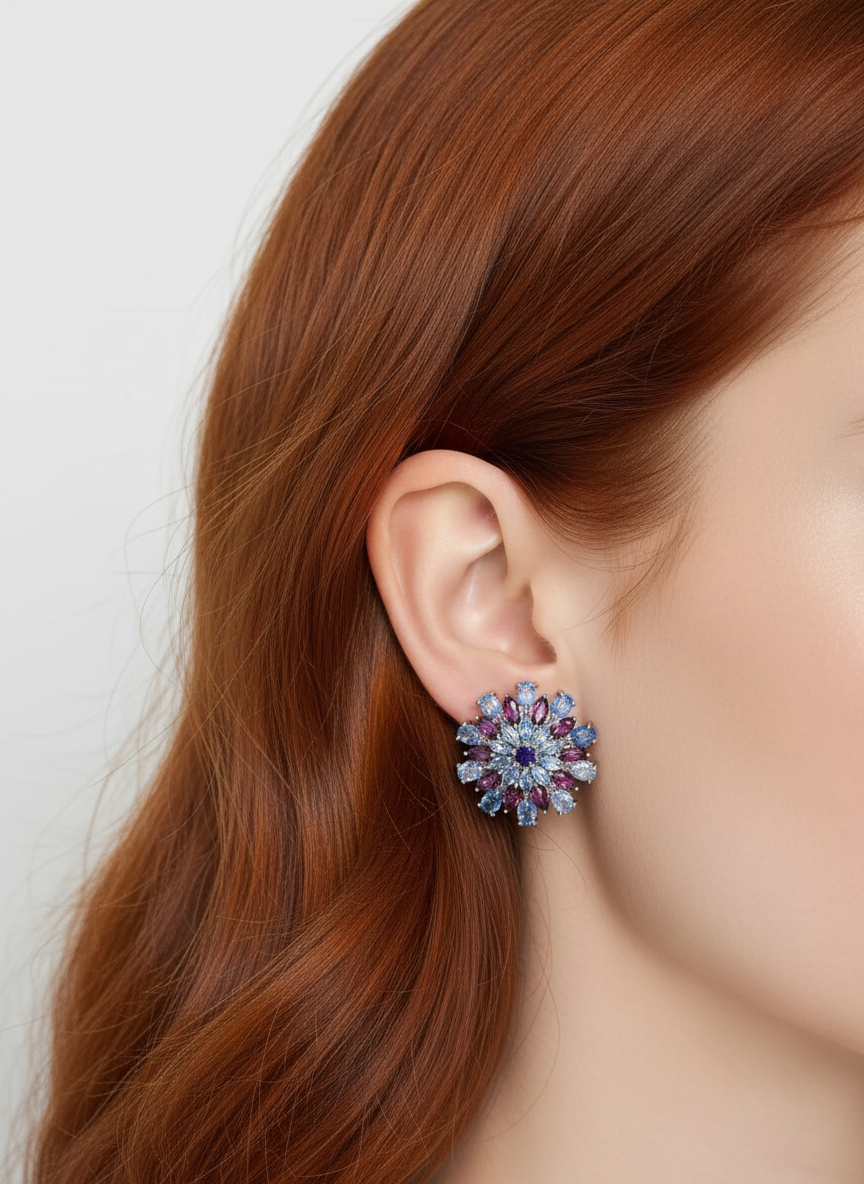 Handmade Tanzanite & Rhodolite Sunburst Earrings in 14K Gold