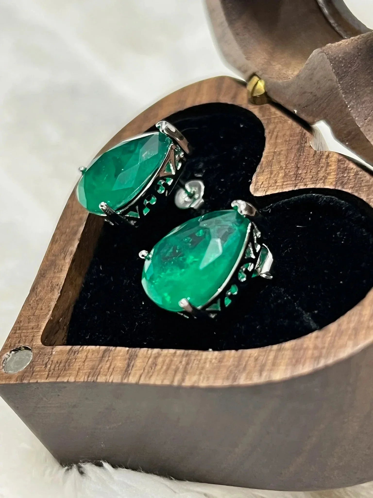 Teardrop Emerald Studs, 5 Carat, 14K White Gold Over Silver - Eva & Elie
