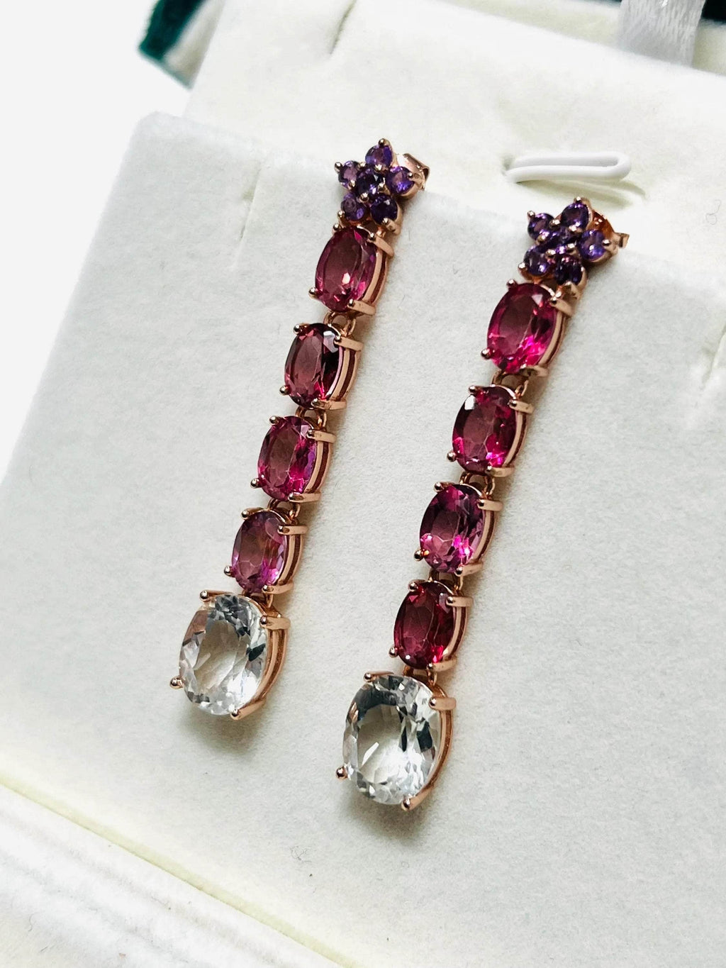 Stylish rose gold bar earrings showcasing clear topaz and graduated pink & purple amethyst. Unique jewelry.