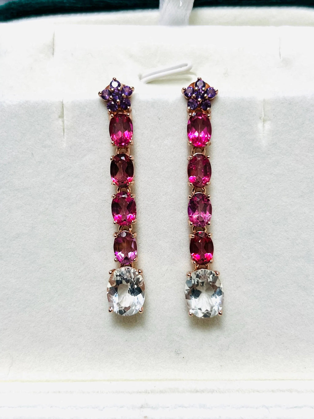 Elegant rose gold bar earrings with clear topaz, pink & purple amethyst. Perfect for special occasions.