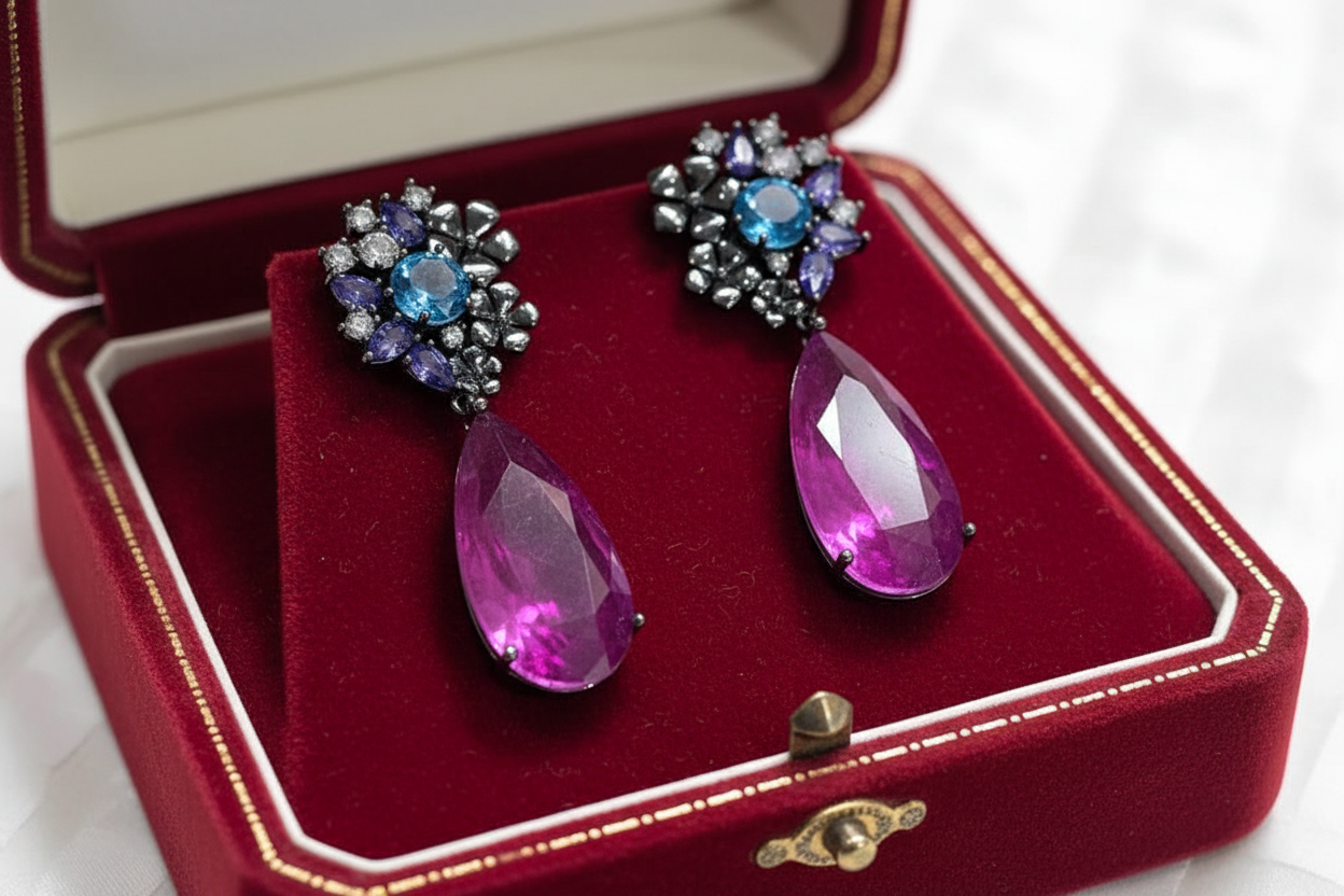 Handmade Sapphire & Violet Teardrop Floral Drop Earrings in Black Rhodium