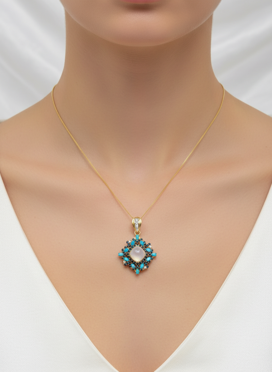 Natural Turquoise & Moonstone Pendant Necklace – 14K Gold Plated