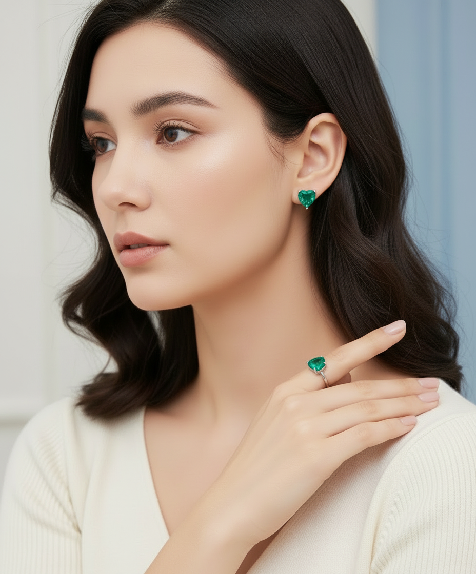 Dainty Zambian Emerald Earrings and Ring in Sterling Silver